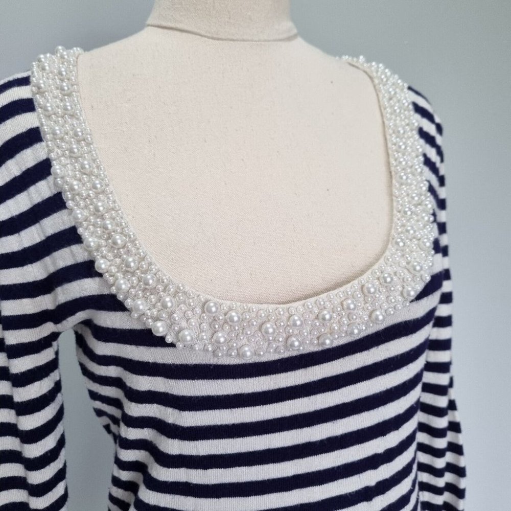Review Blue & White Stripe Beaded Scoop Neck 3/4 Sleeve Jumper Size XS - Picture 5 of 7